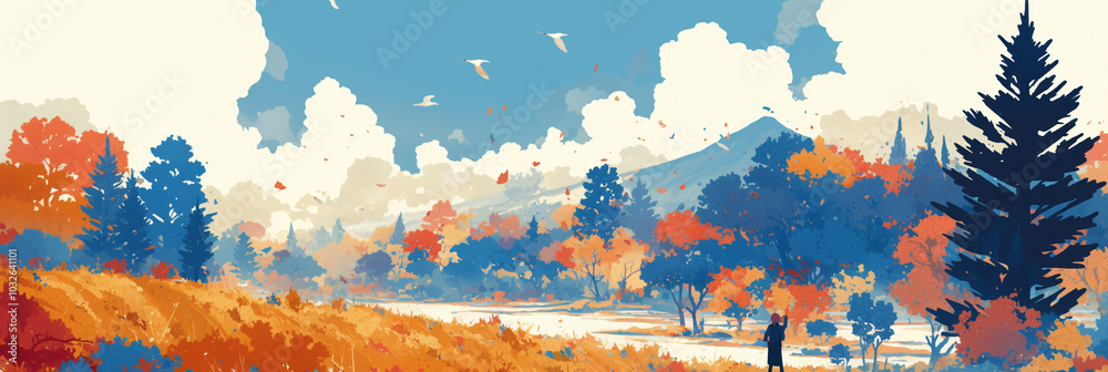Obraz premium Watercolor mountain landscape with trees desktop wallpaper. Beautiful autumn nature landscape with forest watercolor illustration. 
