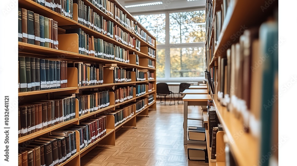 Obraz premium Library interior with shelves of books and seating.