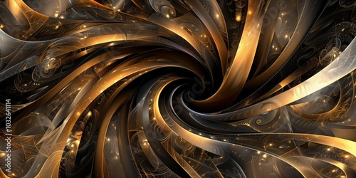 Abstract background withand golden and black swirled elements, smooth lines, futuristic style. photo