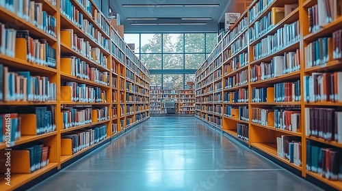 Library interior with shelves of books and natural light.