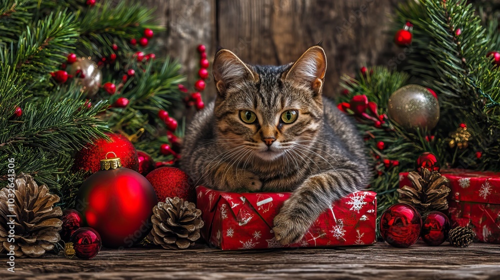 A cozy cat rests on a decorative gift surrounded by festive decorations, pinecones, and holiday greenery, embodying a warm Christmas atmosphere. A cozy cat rests on a decorative gift surrounded by festive decorations, pinecones, and holiday greenery, embodying a warm Christmas atmosphere.