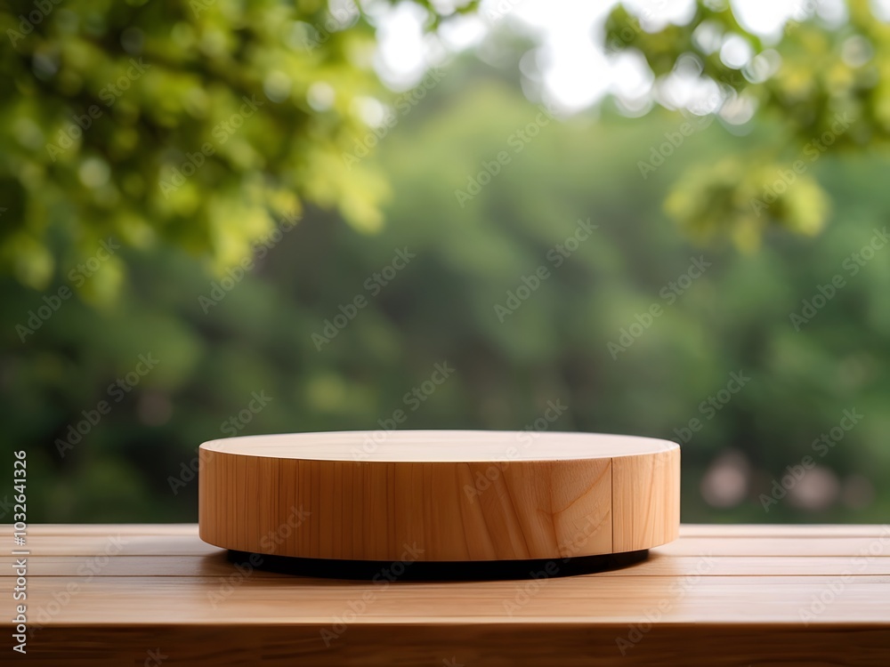 wooden podium for product display with blurred green trees background wooden podium for product display with blurred green trees background