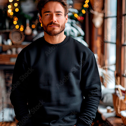 Black sweatshirt mockup on a man with Christmas holiday background, copy space for your design photo