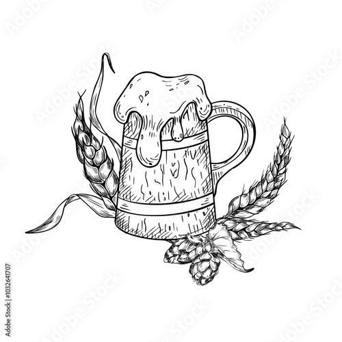 Tankard of beer and foam cap black white graphic vector illustration isolated. Stein beer, wheat of ear, cone hops engraving. Wooden beer mug hand drawn in monochrome for design festival menu, label.