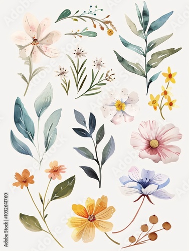 Plants and flowers in a white background. Watercolor wildflowers and leaves illustration set. Botanical leaf, floral, wedding, card, invitation, greeting decoration.