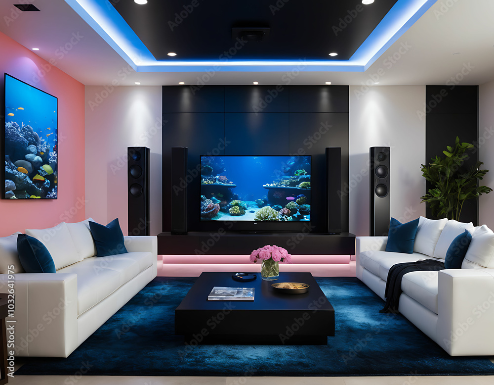 Sleek Modern Home Theater with Ambient Lighting, Flat-Screen TV, and Surround Sound System Setup Sleek Modern Home Theater with Ambient Lighting, Flat-Screen TV, and Surround Sound System Setup