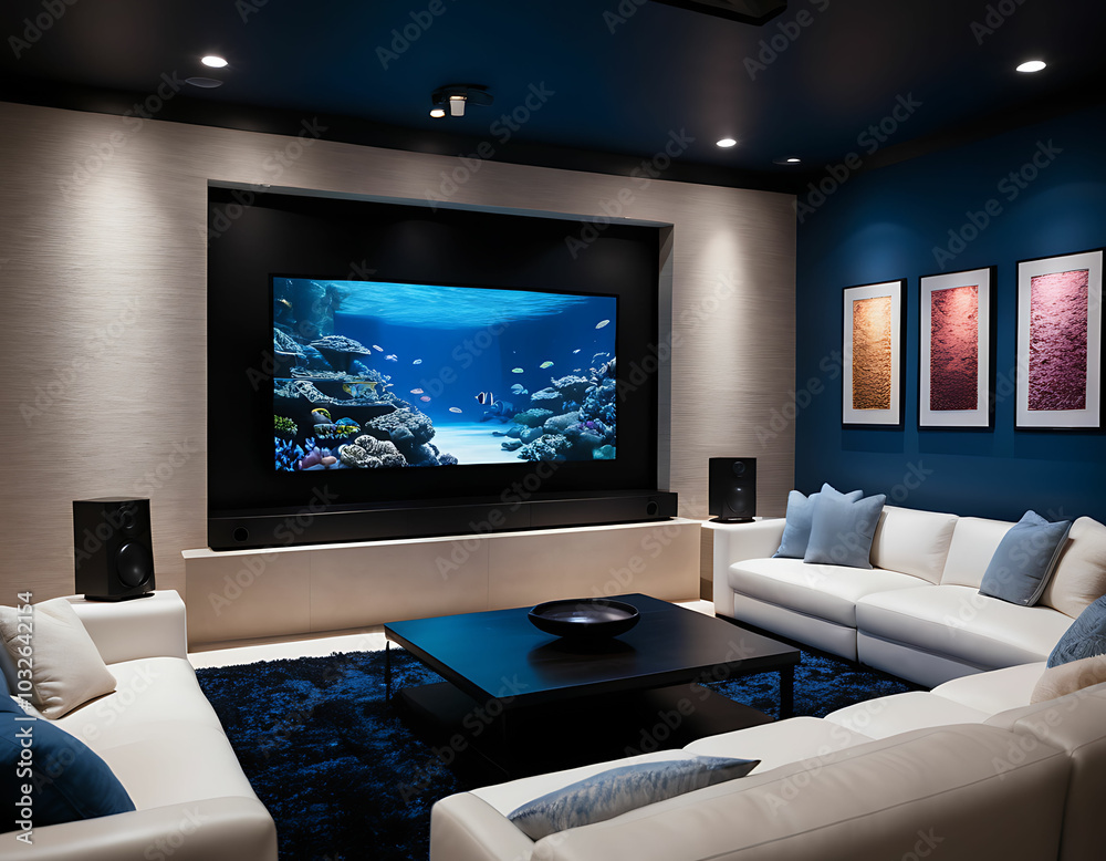 Sleek Modern Home Theater with Ambient Lighting, Flat-Screen TV, and Surround Sound System Setup Sleek Modern Home Theater with Ambient Lighting, Flat-Screen TV, and Surround Sound System Setup
