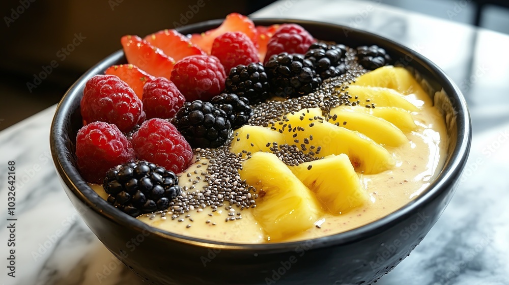 Fresh fruit smoothie bowl topped with chia seeds and berries, healthy food Fresh fruit smoothie bowl topped with chia seeds and berries, healthy food