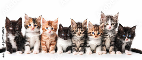 A group of small Maine Coon kittens of different colors, gray, red, black, sitting on a light background