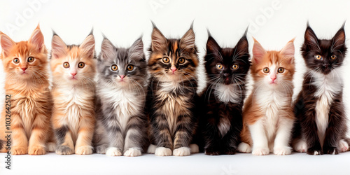 A group of small Maine Coon kittens of different colors, gray, red, black, sitting on a light background