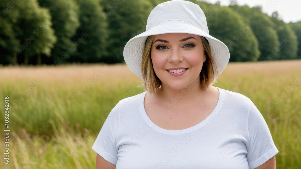 Plus size woman with short hair wearing white t-shirt and white bucket hat standing in nature Plus size woman with short hair wearing white t-shirt and white bucket hat standing in nature