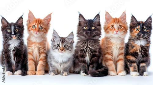 A group of small Maine Coon kittens of different colors, gray, red, black, sitting on a light background