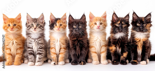 A group of small Maine Coon kittens of different colors, gray, red, black, sitting on a light background