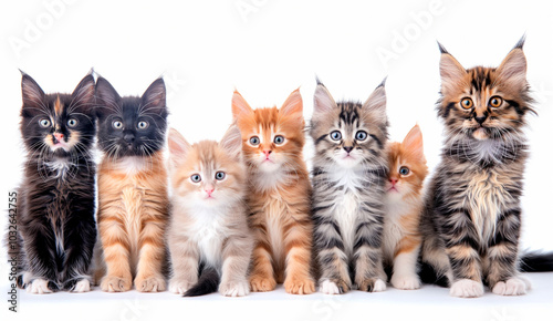 A group of small Maine Coon kittens of different colors, gray, red, black, sitting on a light background