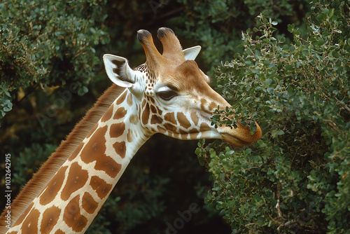 Giraffes Feeding on Tree Tops: Tall giraffes reaching up to feed on leaves from the high branches of a tree in the African savanna, Animal wildlife photography