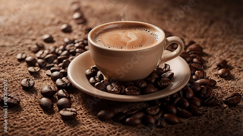 A Steaming Cup A Beautifully Cup of coffee and beans  Boden Ooh on a Rustic Background