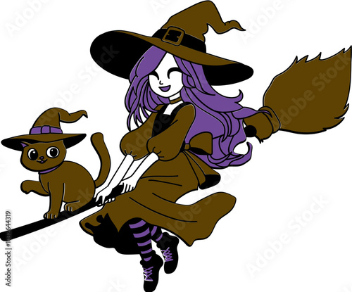 Halloween Witch and Cat Flying on Broom