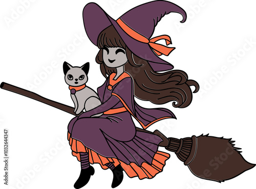 Halloween Witch and Cat Flying on Broom