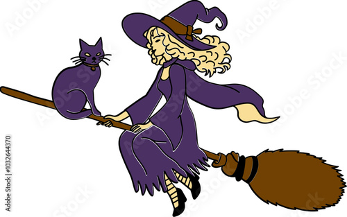 Halloween Witch and Cat Flying on Broom