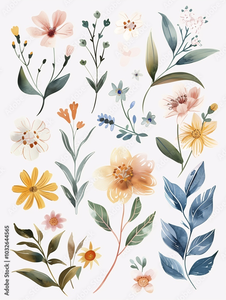 Plants and flowers in a white background. Watercolor wildflowers and leaves illustration set. Botanical leaf, floral, wedding, card, invitation, greeting decoration.