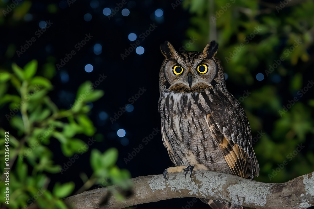 Obraz premium Owl Perched on a Tree Branch at Night: An owl with glowing eyes perched on a branch, with a starry night sky in the background, Animal wildlife photography