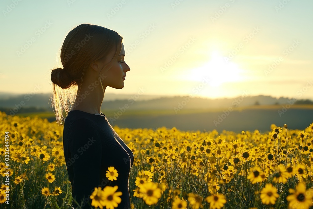 Fototapeta premium Woman meditating in a sunflower field at sunset symbolizing joy connection to nature and the peaceful energy of mindfulness enhanced by the warm golden light