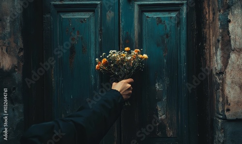 Hand holding flowers against an old wooden door.