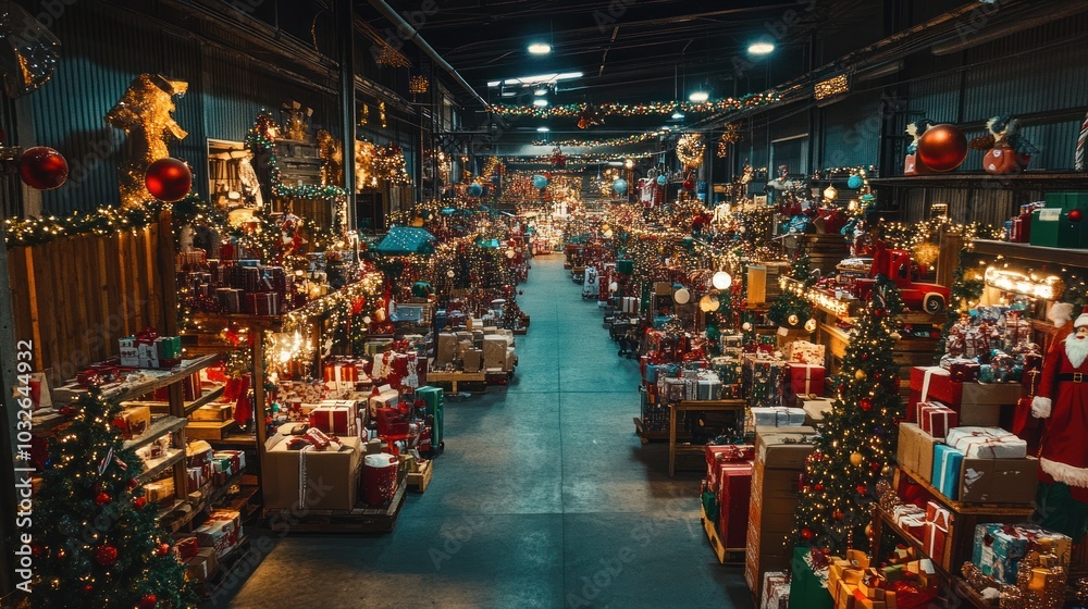 A festive warehouse filled with Christmas decorations and gifts, creating a holiday atmosphere. A festive warehouse filled with Christmas decorations and gifts, creating a holiday atmosphere.