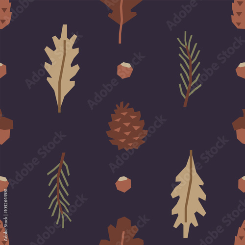 Seamless pattern of pine cones, oak leaves, acorns, and fir branches, in cutout style on dark purple background. Simple geometric fall or winter vector design for textile, wallpaper, wrapping paper.