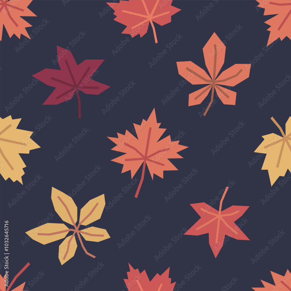 Seamless pattern of autumn maple and chestnut leaves, in cutout style on dark background. Simple geometric botanical elements. Fall vector design for textile, wallpaper, wrapping paper. Seamless pattern of autumn maple and chestnut leaves, in cutout style on dark background. Simple geometric botanical elements. Fall vector design for textile, wallpaper, wrapping paper.