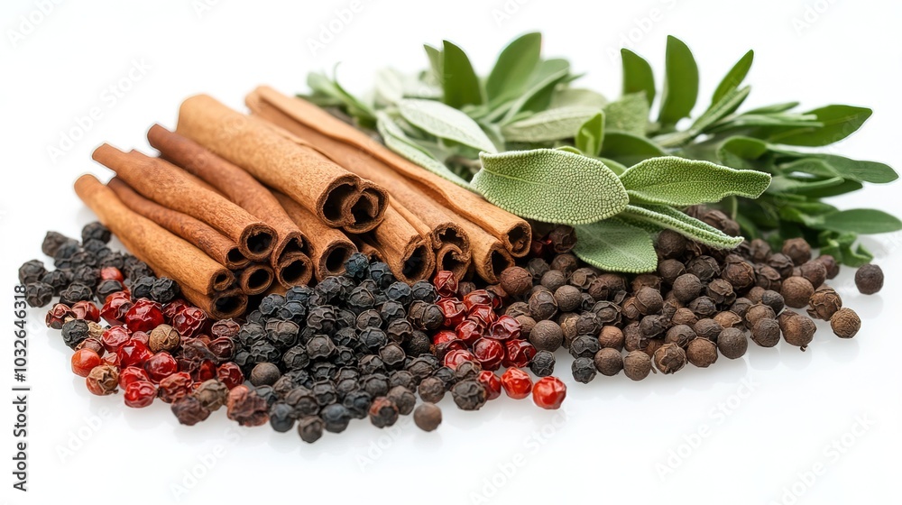 Fototapeta premium A collection of fragrant spices, dried herbs, and peppercorns 