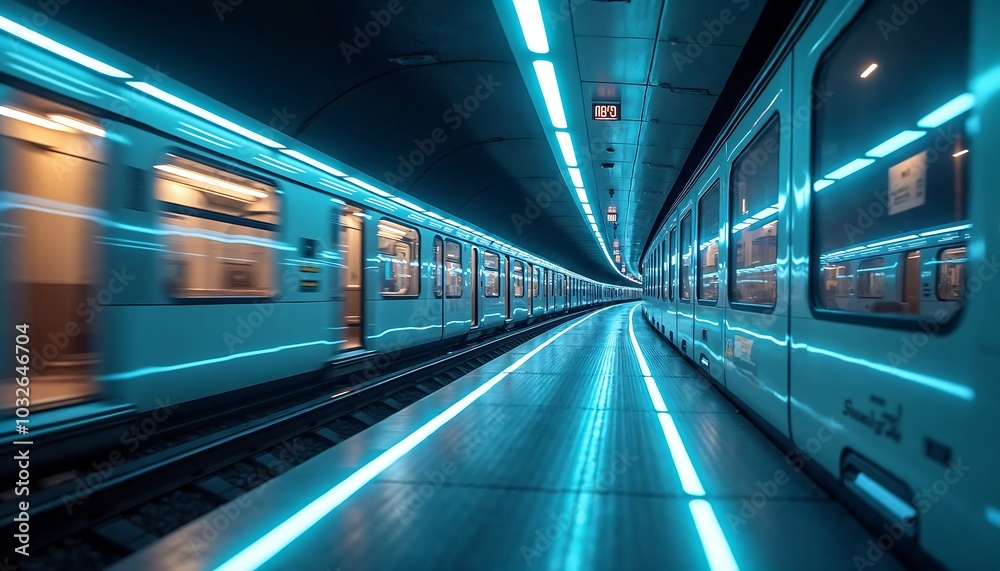A sleek futuristic subway system with transparent trains and glowing rail tracks A sleek futuristic subway system with transparent trains and glowing rail tracks