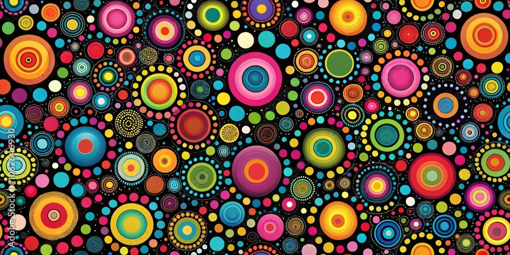 Abstract Colorful Circles Pattern on Black Background, psychedelic, circles