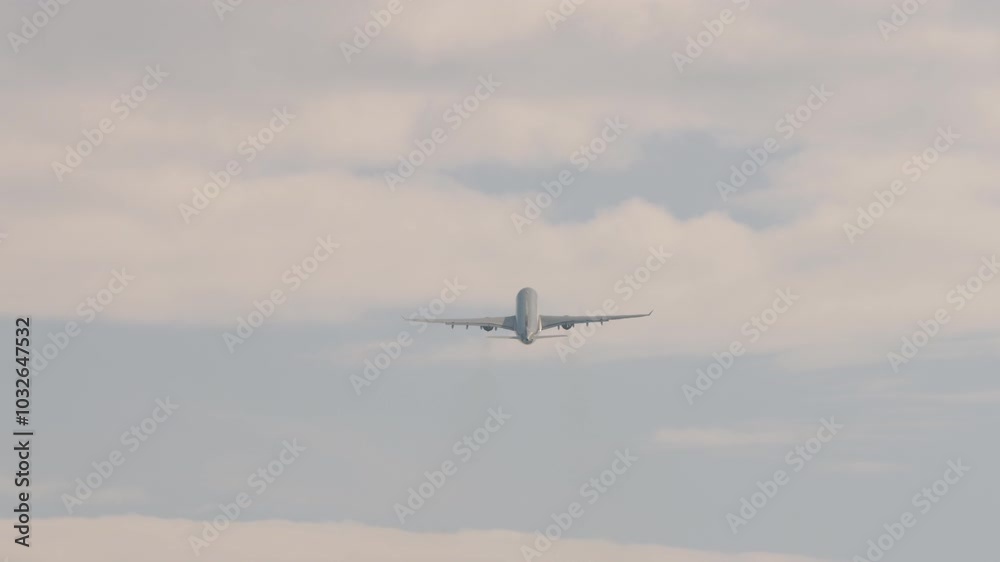 Jet airliner fly away, rear view, long shot. Airplane takeoff and climb. Departure flight Jet airliner fly away, rear view, long shot. Airplane takeoff and climb. Departure flight