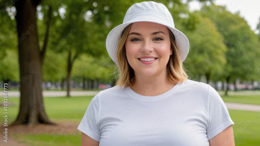 Plus size woman with short hair wearing white t-shirt and white bucket hat standing in the park Plus size woman with short hair wearing white t-shirt and white bucket hat standing in the park