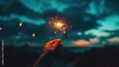 A hand grips a lit sparkler sending bright sparks into the night sky. This beautiful moment captures the festive spirit of Diwali celebrating light amidst darkness photo