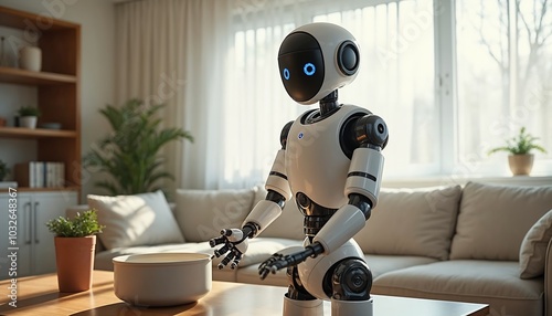 An advanced robot assisting in household chores in a futuristic living room