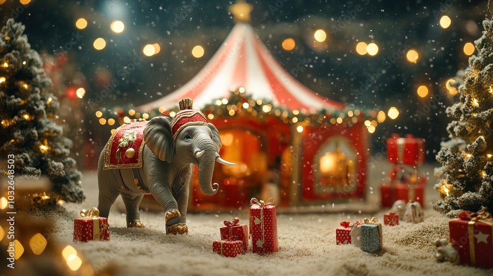 Fototapeta premium Festive circus-themed christmas scene with tent, elephant, and gifts