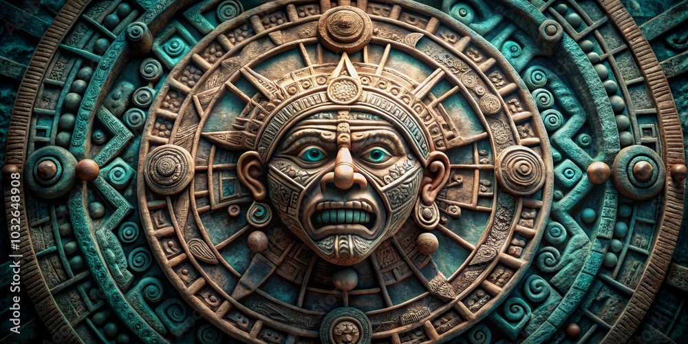 Obraz premium Ancient Mayan Deity Carved in Stone, Teal and Brown, Mythology, Ancient Art