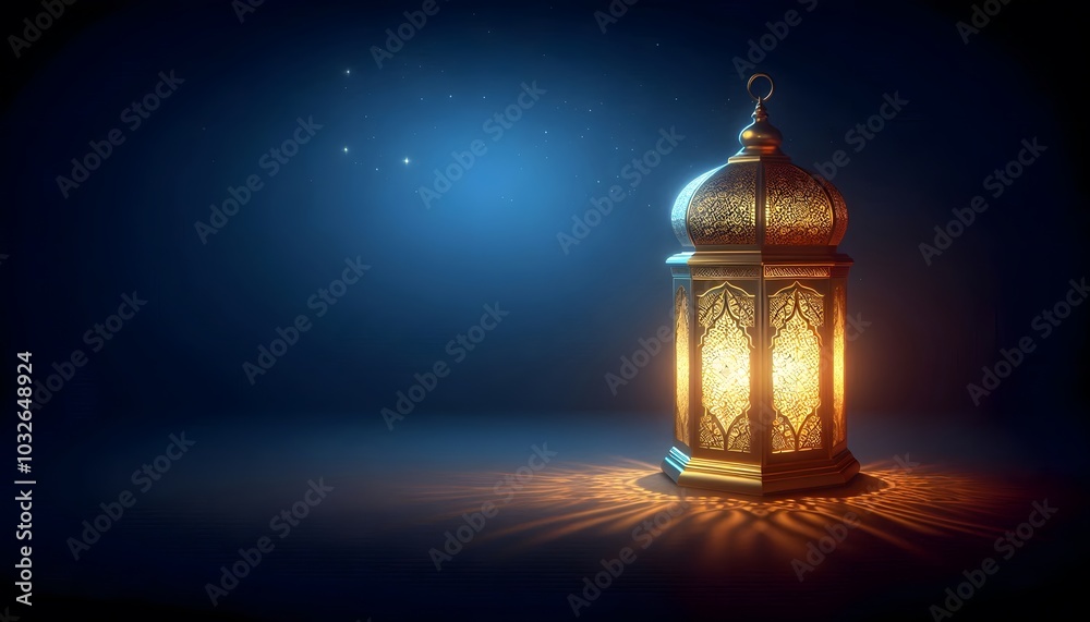 An illuminated Islamic lantern glowing in the dark night An illuminated Islamic lantern glowing in the dark night