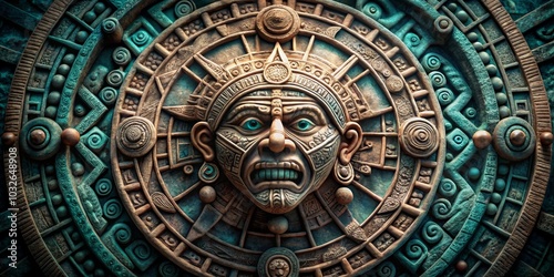 Ancient Mayan Deity Carved in Stone, Teal and Brown, Mythology, Ancient Art