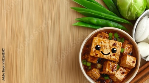 A bowl of tofu with a cute smiley face on one of the tofu cubes, surrounded by green beans and cabbage.