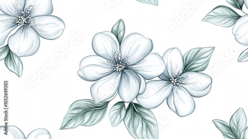 A delicate watercolor illustration of white flowers with green leaves set against a light background, creating an elegant and serene floral pattern.