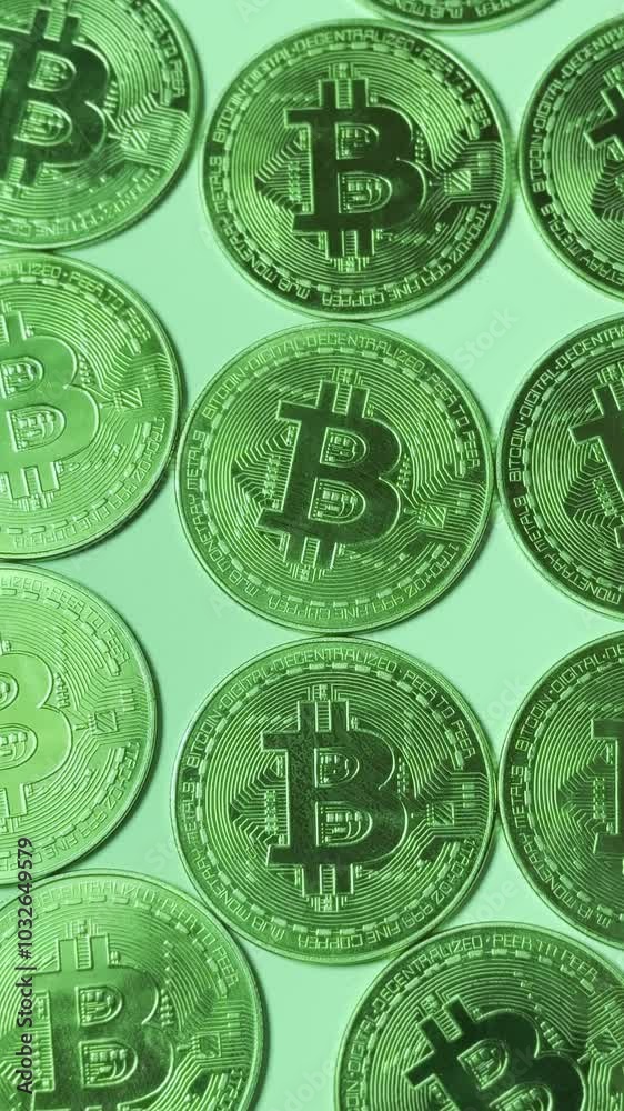 Set of bitcoin cryptocurrency physical currencies. Concept of digital money trading.