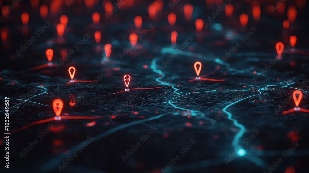 A digital representation of a network with red location pins on a dark background. A digital representation of a network with red location pins on a dark background.