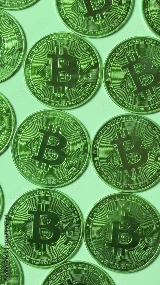 Set of bitcoin cryptocurrency physical currencies. Concept of digital money trading.