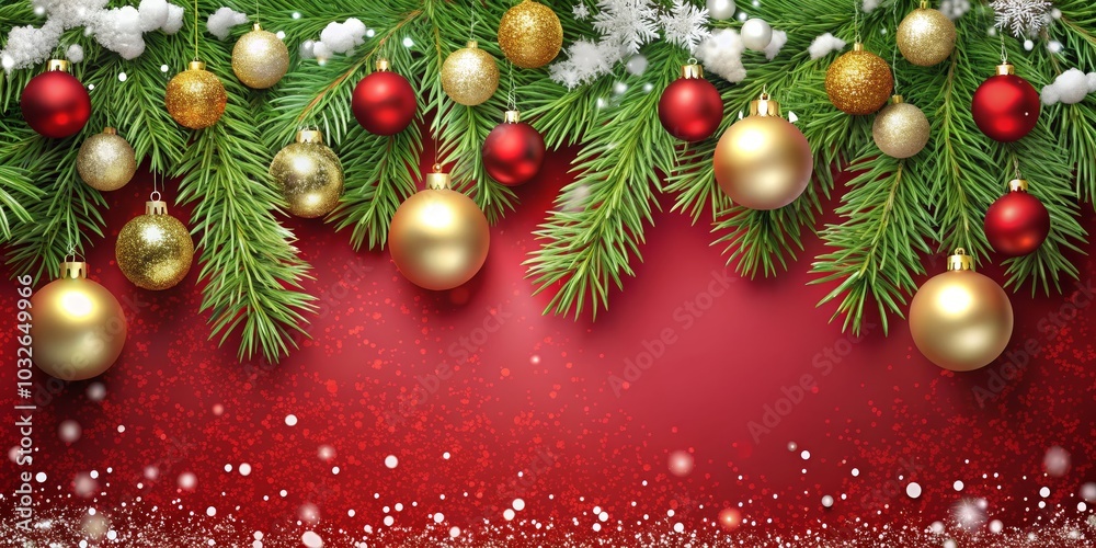 Festive Christmas Ornament Garland with Red and Gold Baubles, Snowflakes, Red Background, Winter Holiday, Christmas Decorations Festive Christmas Ornament Garland with Red and Gold Baubles, Snowflakes, Red Background, Winter Holiday, Christmas Decorations