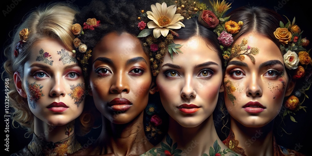 Obraz premium Floral Beauty Four Women with Flower Crowns and Makeup, beauty , portrait