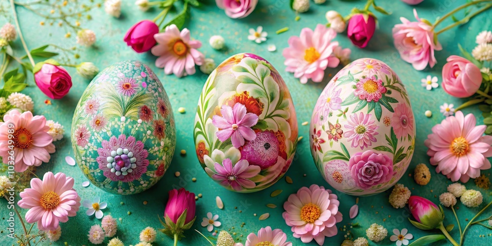 Floral Easter Eggs on Teal Background, Easter , Spring