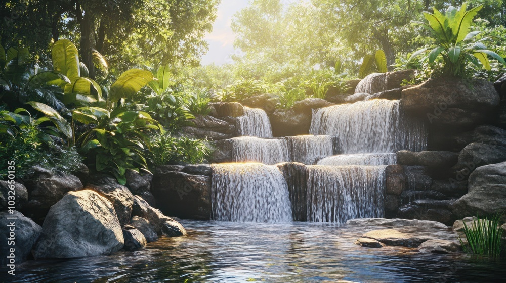 Naklejka premium A Small Waterfall Surrounded by Lush Greenery